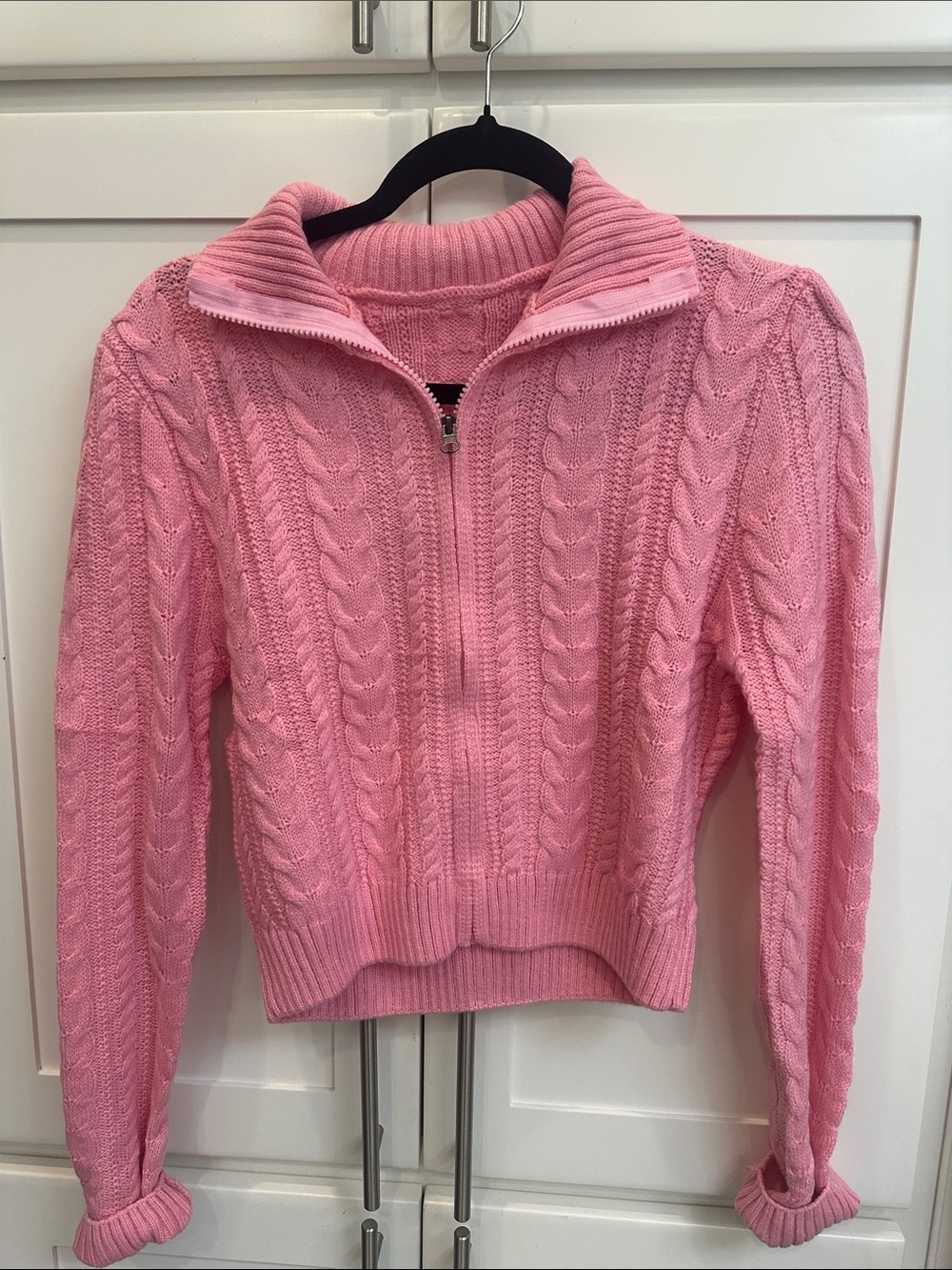 Women’s Pink Cable-Knit Half-Zip Turtleneck Sweater